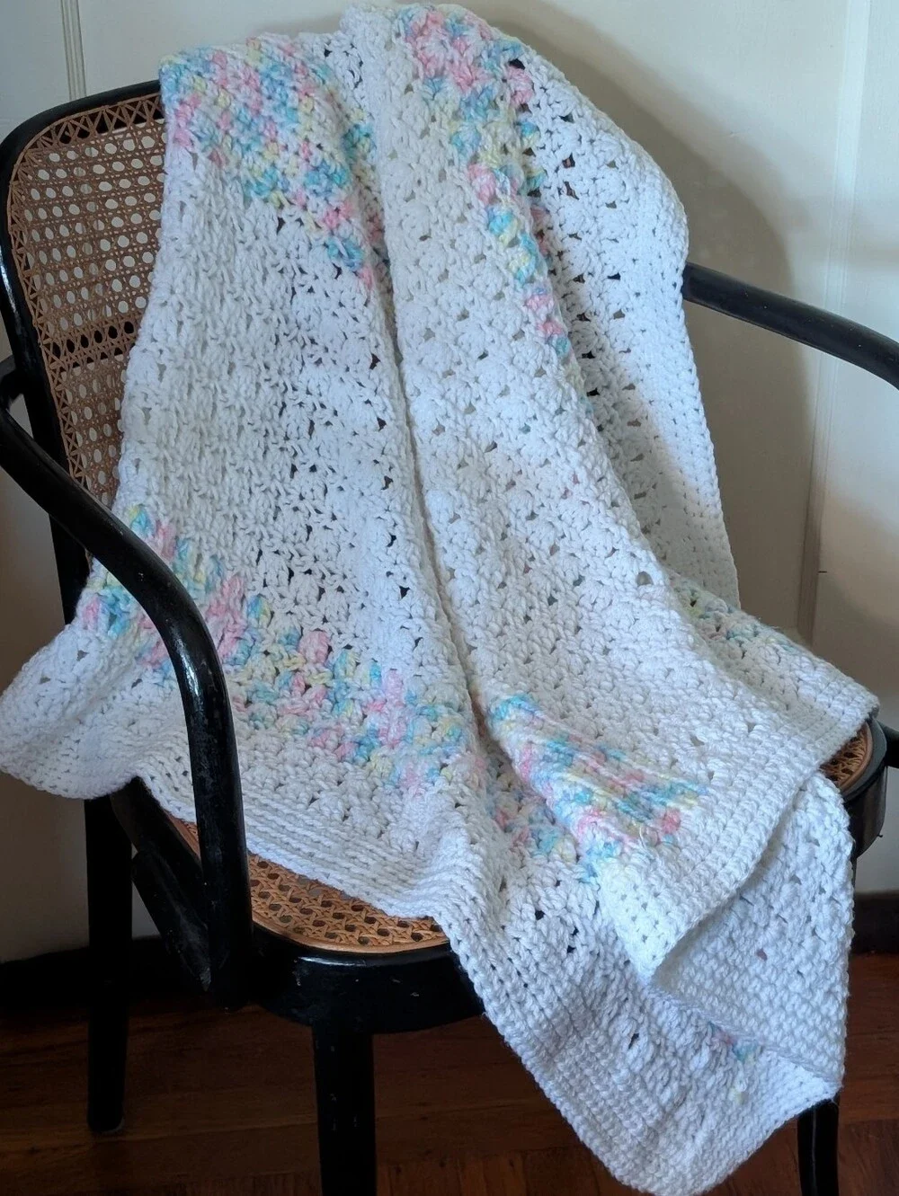 Handmade White Crochet Blanket / Knitted Throw Blanket with Pastel Stripes 36x36